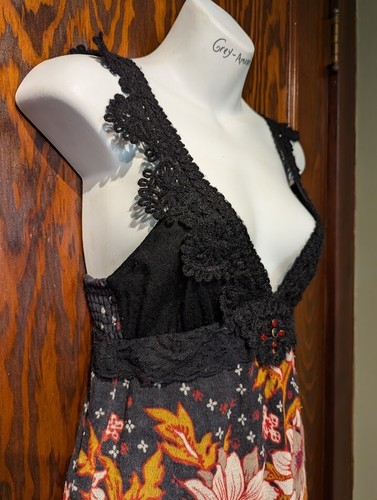 FREE PEOPLE wool black floral print mini dress crochet lace studded 2 XS 4F - Picture 5 of 10