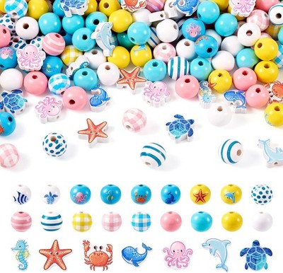 DIY Ocean Craft Bead Set: 78Pcs 15-16mm Round Wood Beads