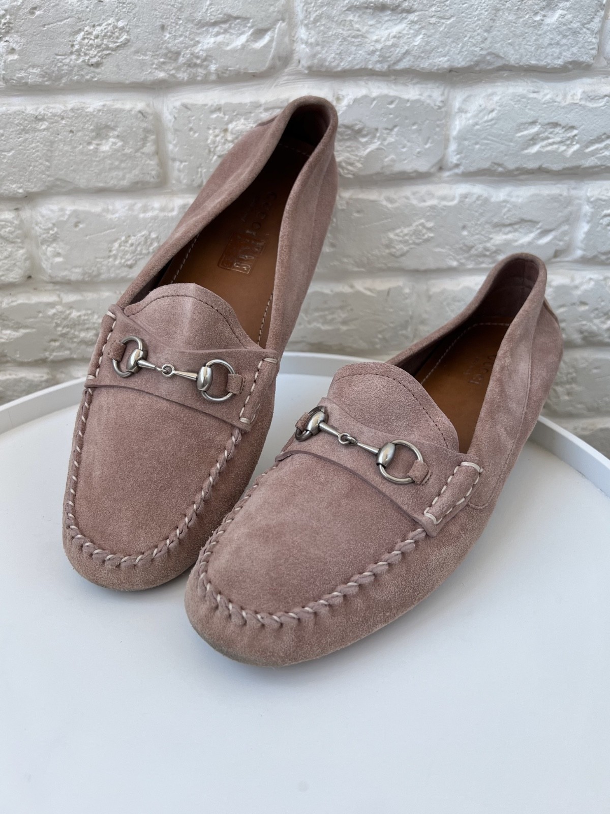 Gucci Pink Suede Horsebit Chain Loafers Shoes Women's Size 39 EU