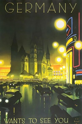 Germany Night City Lights Art Deco Vintage Travel Poster Print 24x36