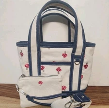 🍄NEW Madden Girl Canvas Mushroom Ivory & Blue Mini Tote & Wallet Crossbody Bag 