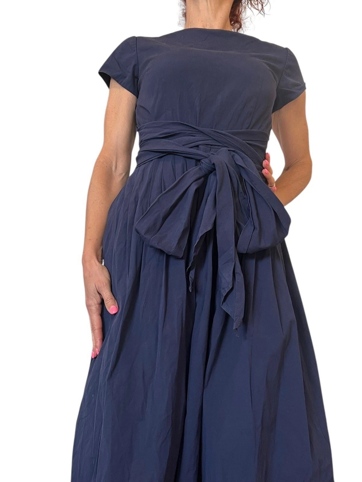 ABITO BLU NAVY COLLEZIONE MICHAEL KORS COTONE FIOCCO FASCIA MIDI BATEAU COLLO CAPPUCCIO MANICA 2