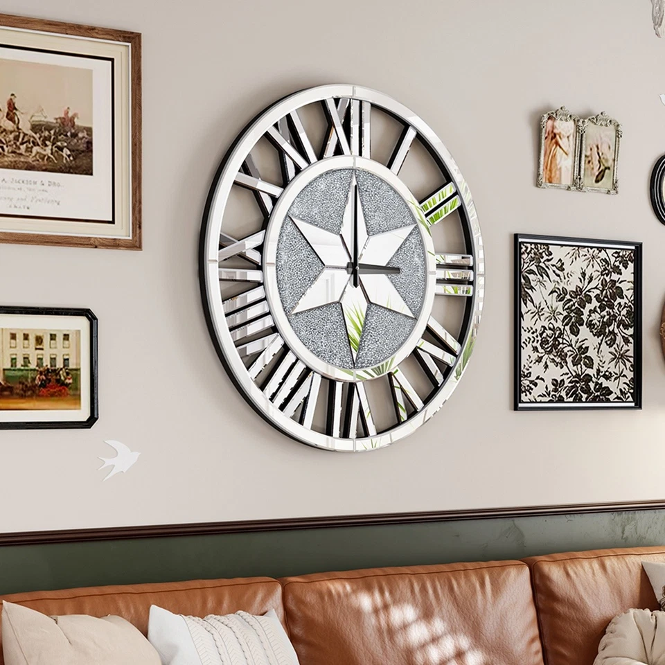 Large Mirrored Clock Roman Numeral Sparkle Wall Art Clock with Crushed Diamond - Image 3 of 4