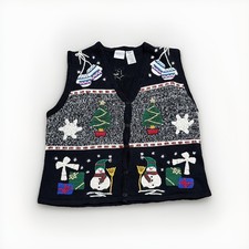 Vintage Bobbie Brooks Vest Holiday Christmas Snowman Large Tree Black Sweater
