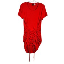 H&M Divided Red Ribbed Knit Ruched Bodycon Fitted Short Sleeve Dress Large L
