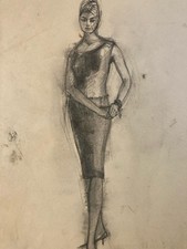 Beau Dessin Art Ancien Crayon Art Deco 1950 Sur Papier Femme  Collection  Mode