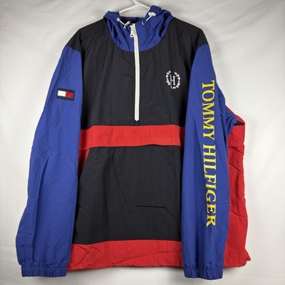 Tommy Hilfiger Red Blue Black Men s 2XL Full Zip Windbreaker Jacket  VTG 90s Y2K