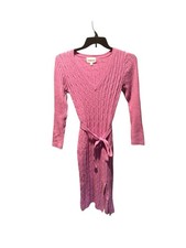 Olive + Oak V-neck Belted Cable Knit Sweater Dress Purple Small