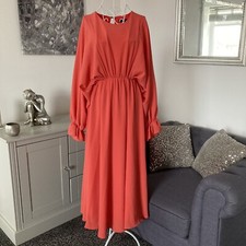 Coral Round Neck Long Batwing Sleeve Elasticated Waist Flared Maxi Dress S 8-10