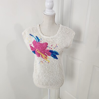 Vintage Sweater Womens L Cream Floral Crochet Open Knit 80s Skating Rink Prop
