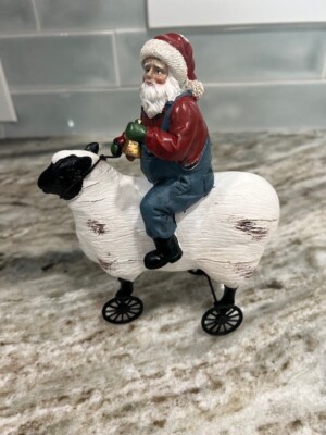 Primitive Santa Riding A Sheep Figure Christmas