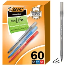 BIC Round Stic Xtra Life Assorted Ink Ballpoint Pens Medium Point (1.0mm) 60-Ct