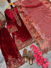 Party Wear Viscose Velvet Red Top Palazzo With Dupatta For Women And Girls
