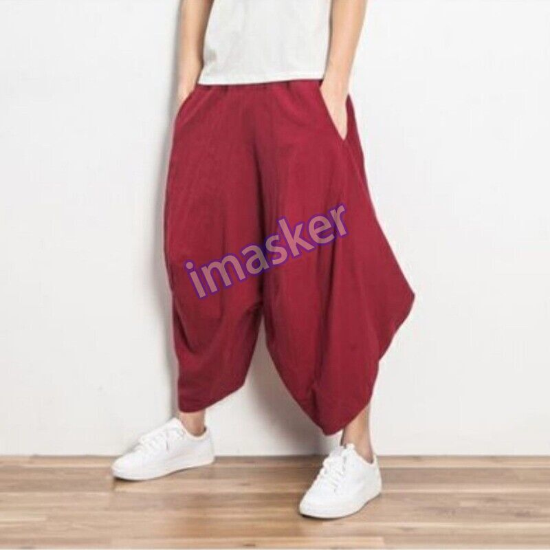 Men Japanese Hip-hop Samurai Trousers Crop Pants Wide Leg Tapered Chic
