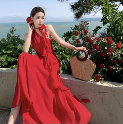 Women's 2024 Fashion Sexy One Shoulder Falbala Flower Red Maxi Beach Dress NWON