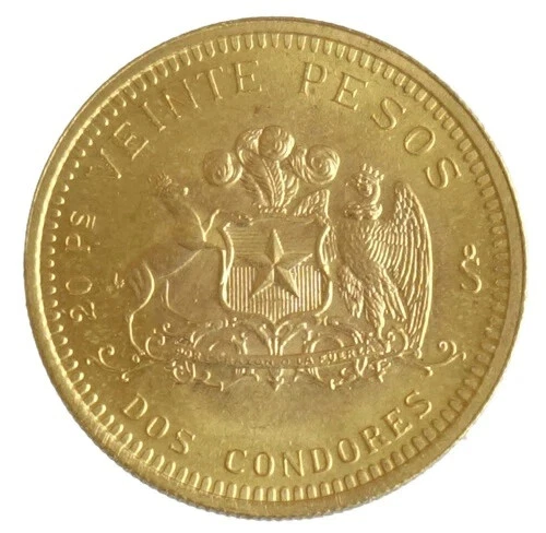 Золотая монета Чили 20 песо 1876 неиспользованная - Изображение 2 из 2