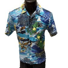Vtg 70's Mauna Kea Blue TROPICAL ISLAND SUNSET Hawaiian Butterfly Collar Shirt
