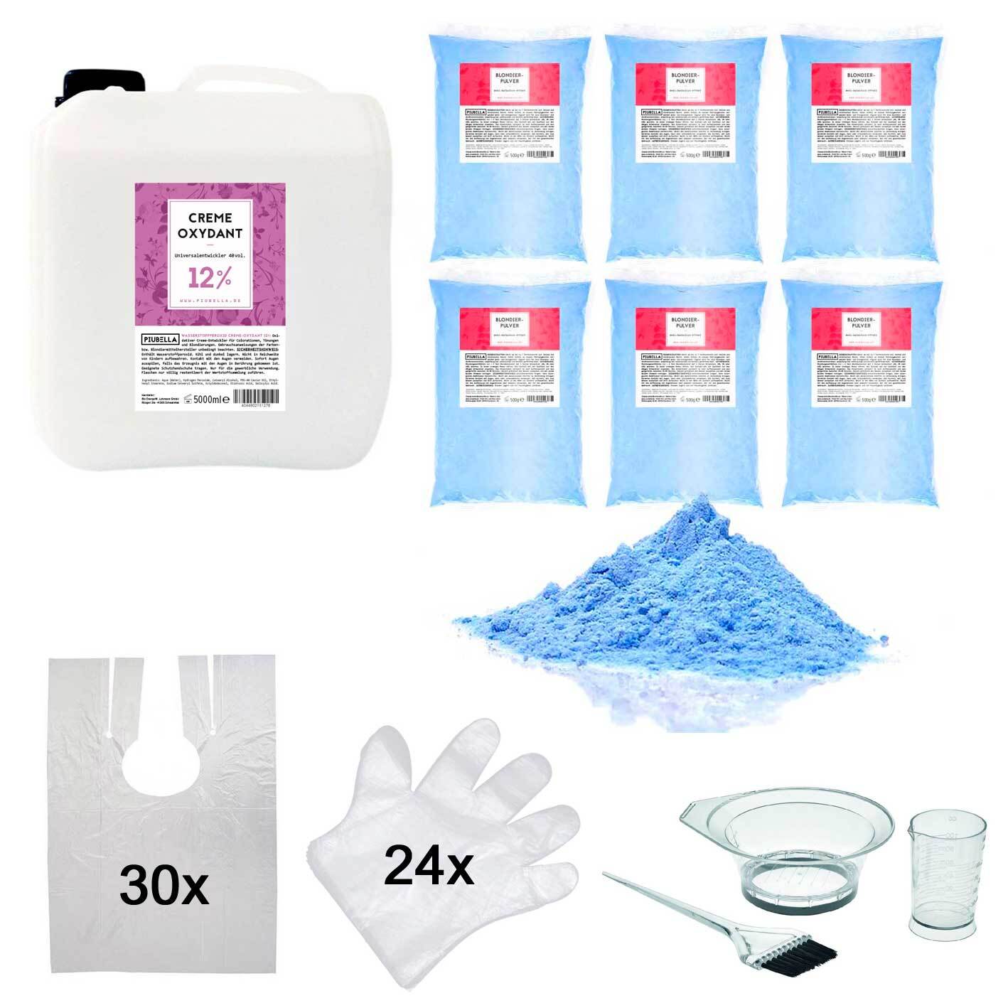Набор для осветления волос (5 л 12%-ного оксиданта Piubella + 3 кг порошка Piubella Blondierpulver + Zubehör