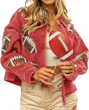 Women Vintage Distressed Cropped Corduroy Jacket Oversized Frayed Rugby Sequin