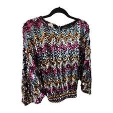 Vintage Zig Zag Sequin Blouse Top Shirt 70's Size 10 Mob Wife Disco Glam Party