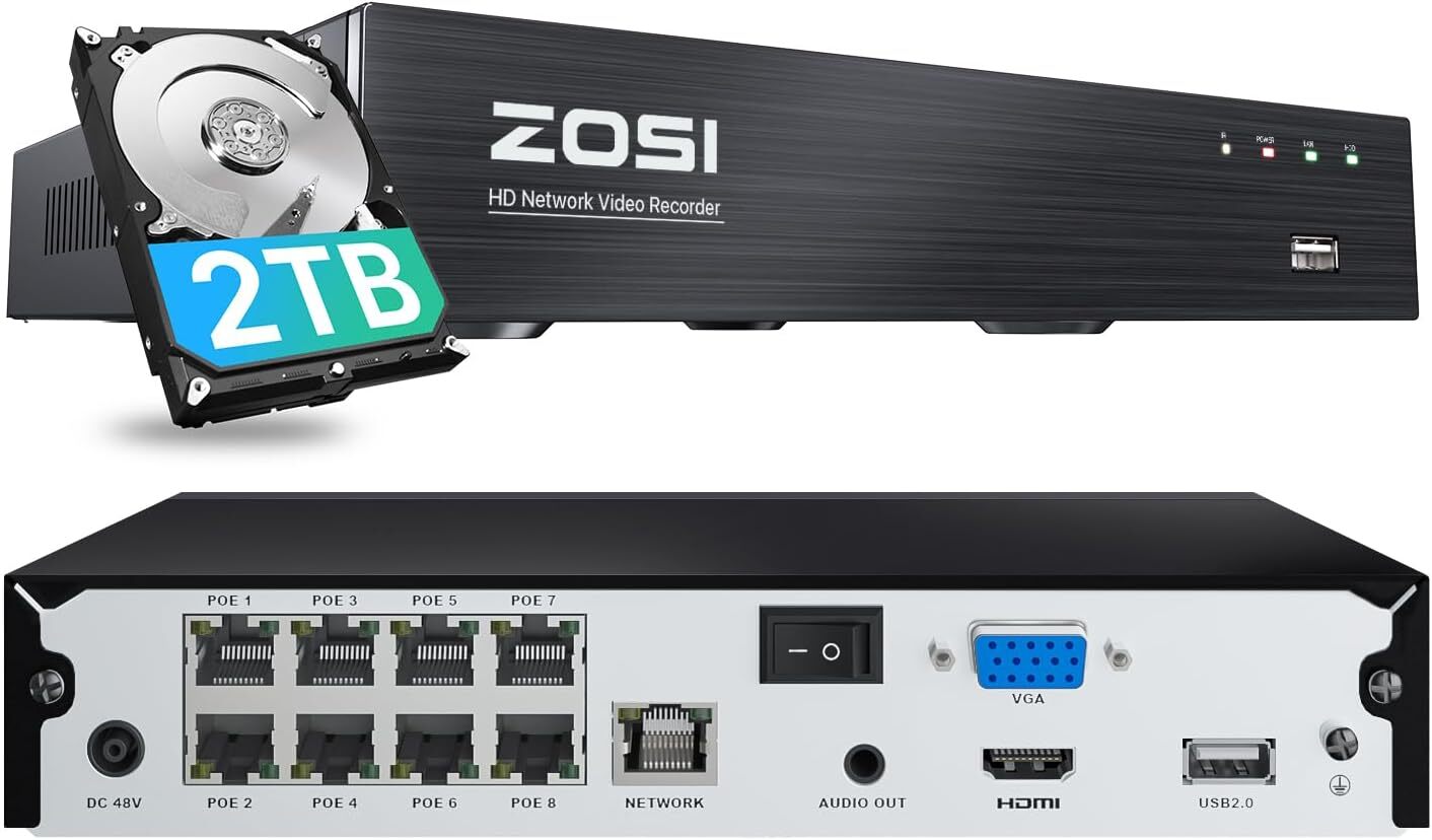ZOSI 4K 8CH NVR PoE con 2TB HD, Videoregistratore di Sorveglianza