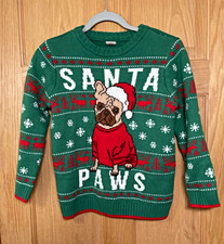 Holiday Time Kids Medium 8 Green Santa Paws French Bulldog Pug Christmas Sweater