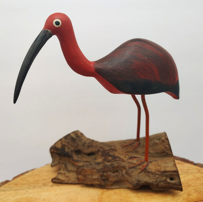 Vintage Hand-Carved Painted Wood Scarlet Ibis Decoy Sculpture Driftwood Folk Art