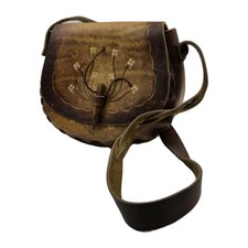 Vtg 1970s Brown Leather Crossbody Purse With Wooden Toggle Braided Strap Floral