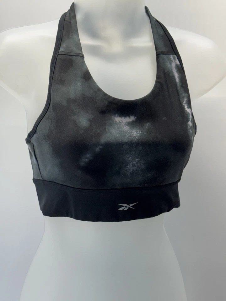 Sutiã esportivo Reebok feminino tamanho médio pronto para treino corrida preto cinza - Imagem 2 de 4