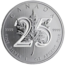 2013 25th Anniversary 1 oz $5 Canadian Silver Maple Leaf Coin BU