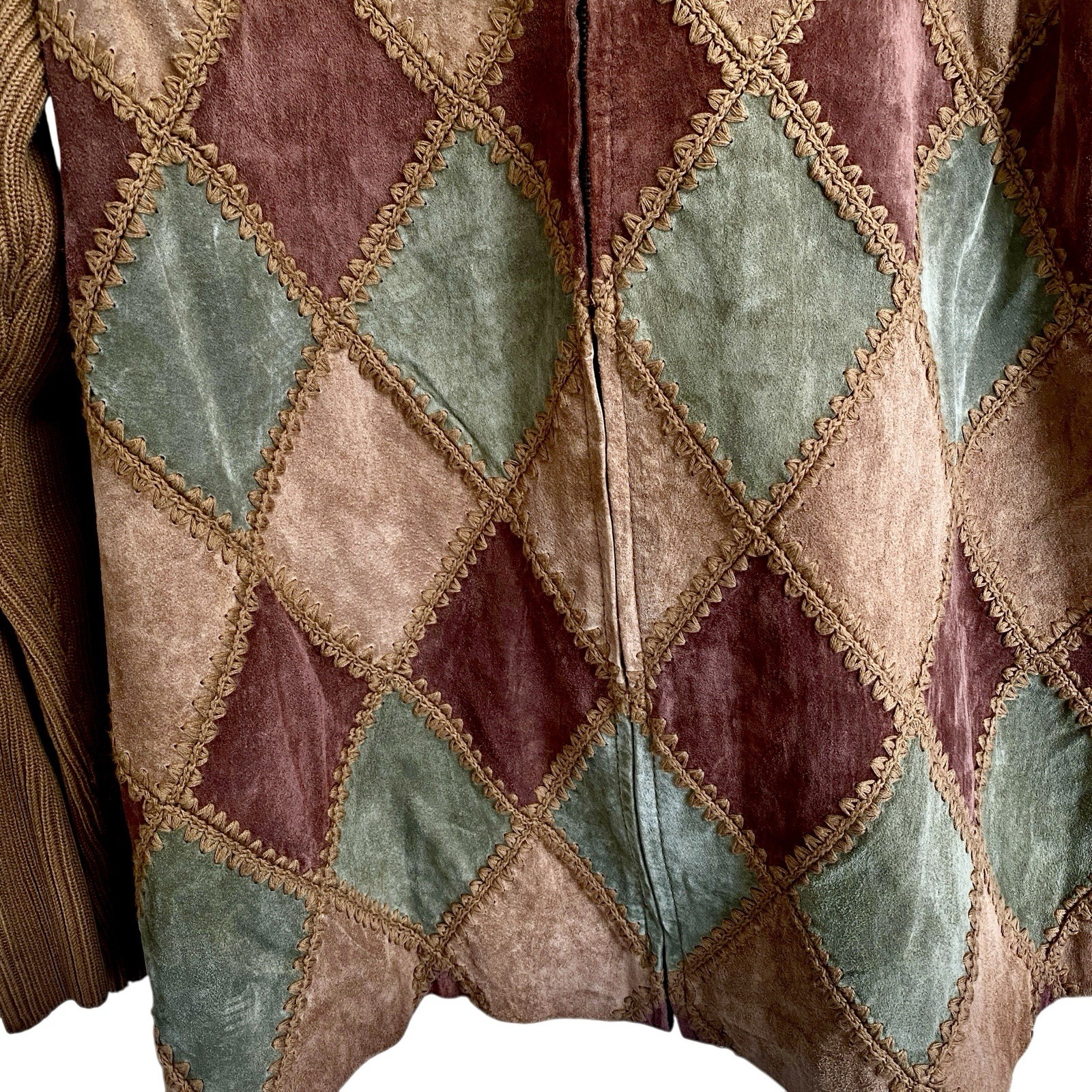 Argyle Patchwork Suede Jacket Women’s Boho Retro … - image 3