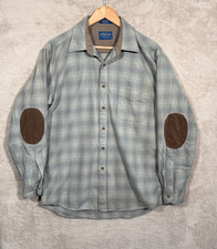 Pendleton Trail Shirt Men s L Plaid Wool Button Down Suede Elbow Patches Vintage