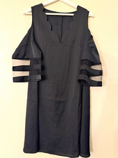 CHICME Black Cold Shoulder Shift Dress V-Neck 3/4 Sleeve Knee Zip L