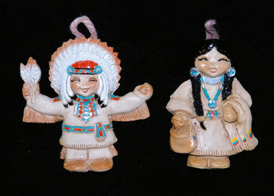 SET 2 Indi Moppets Native American Christmas Ornaments Signed by J. Reid Artist
