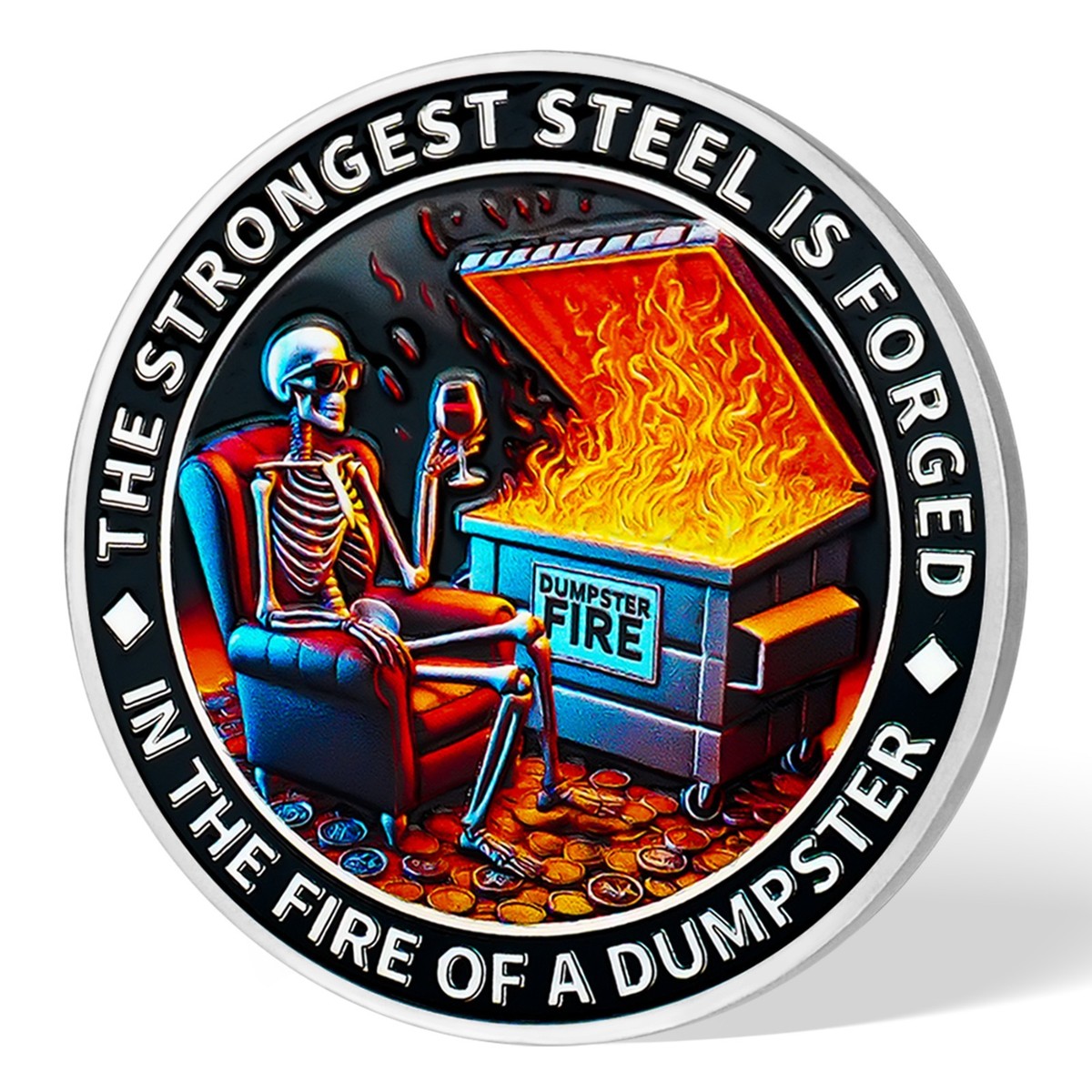 The Strongest Fire is Forged Dumpster Fire Skeleton Challenge Coin
