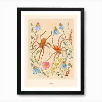 Folksy Floral Tier Zeichnung Spinne gerahmt Wandbild Poster Leinwanddruck Bild