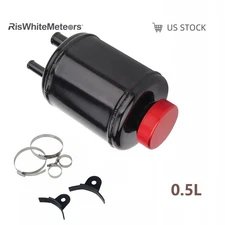 BLK 0.5L Racing Power Steering Fluid Reservoir Tank Aluminum Universal w/ Clamps