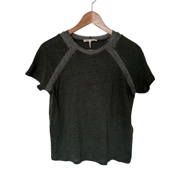 Maje Top Women Size 1 Olive Green Excellent Metallic Trim Linen Raglan Tee