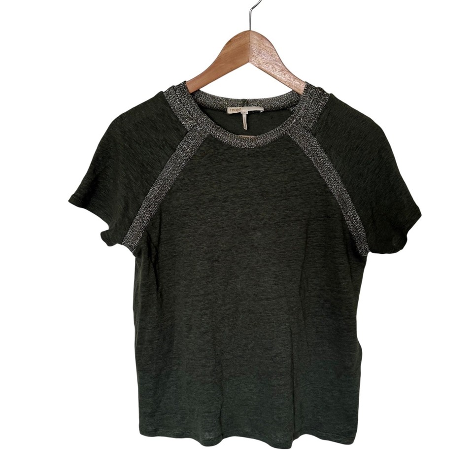 Maje Top Women Size 1 Olive Green Excellent Metallic Trim Linen Raglan Tee