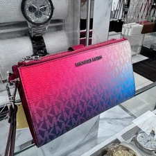 Michael Kors Jet Set Travel LG DoubleZip Wristlet Wallet Dark Raspberry Multi