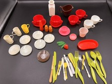 Lot of Vintage Childs Play Kitchen Dishes Cups Plates Silverware-Mixed set