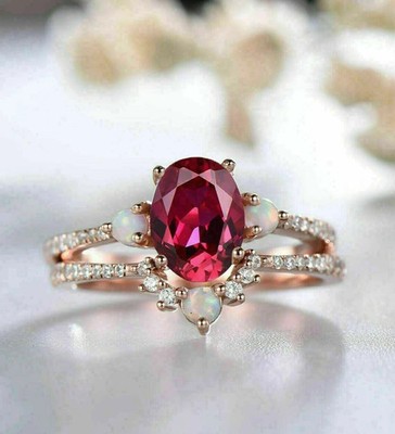 2Ct Lab-Created Red Ruby Fire Opal Bridal Set Engagement Ring 14K Rose Gold Fn