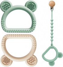 3-Pack Baby Teething Toys with Anti-Drop Clip, Infant Silicone Teether Ring