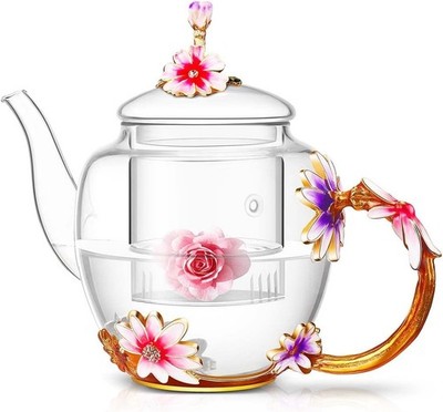 35OZ Enamel Glass Flower Teapot With Removable Loose Tea Leaf Infuser Tea Mak...