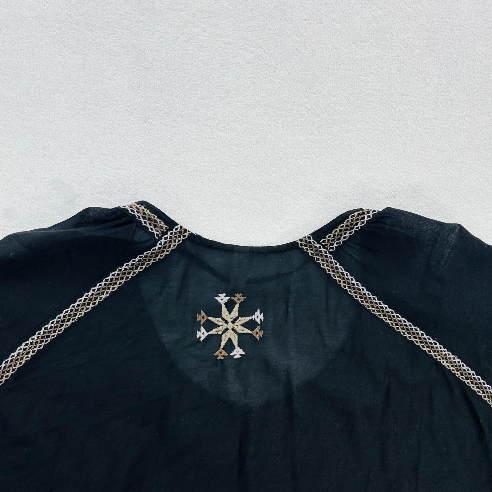 Free People Blouse Womens XS Black Embroidered Boho Peasant Top Sheer Flowy