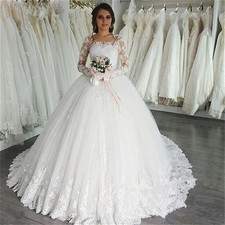 Lace Applique Wedding Dress Long Sleeve Illusion Scoop Neck Princess Bridal Gown