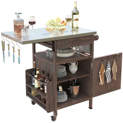 Brown Solid Wood Outdoor Grill Cart with Stainless Steel Drop Leaf Top, 1 Drawer