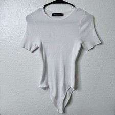 Women's White Short Sleeve Ribbed Crew Neck Bodysuit - M/L