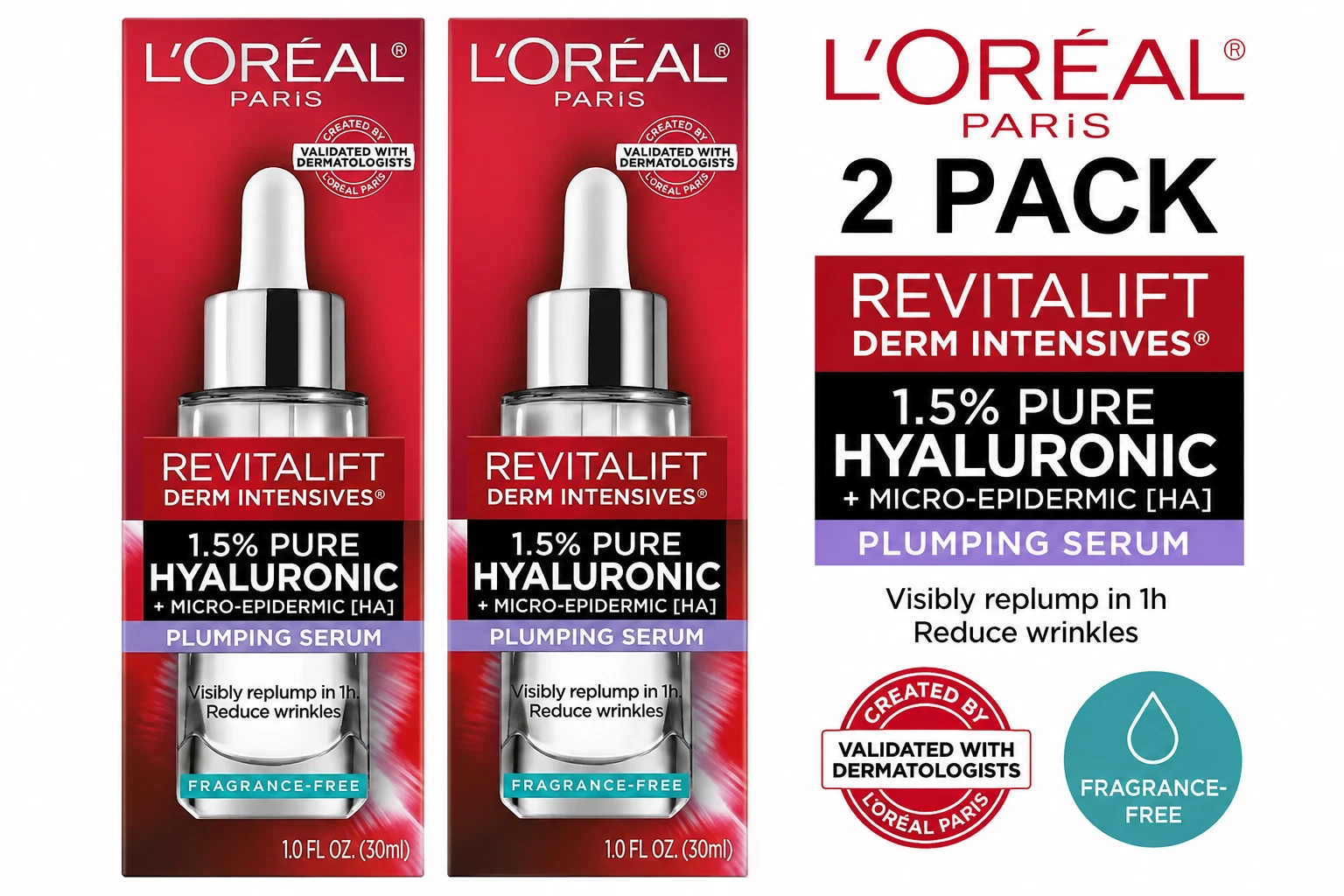 L'Oreal Revitalift 1.5% Pure Hyaluronic Acid Serum 1oz 30ml 2 Pack Fragrance Fre