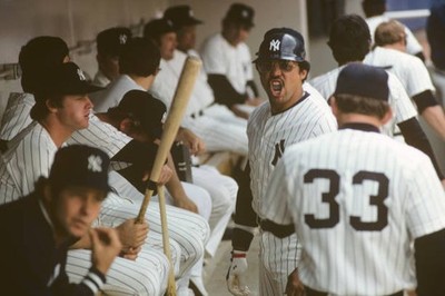 New York Yankees Reggie Jackson reacting in dugout during game vs - Old Photo